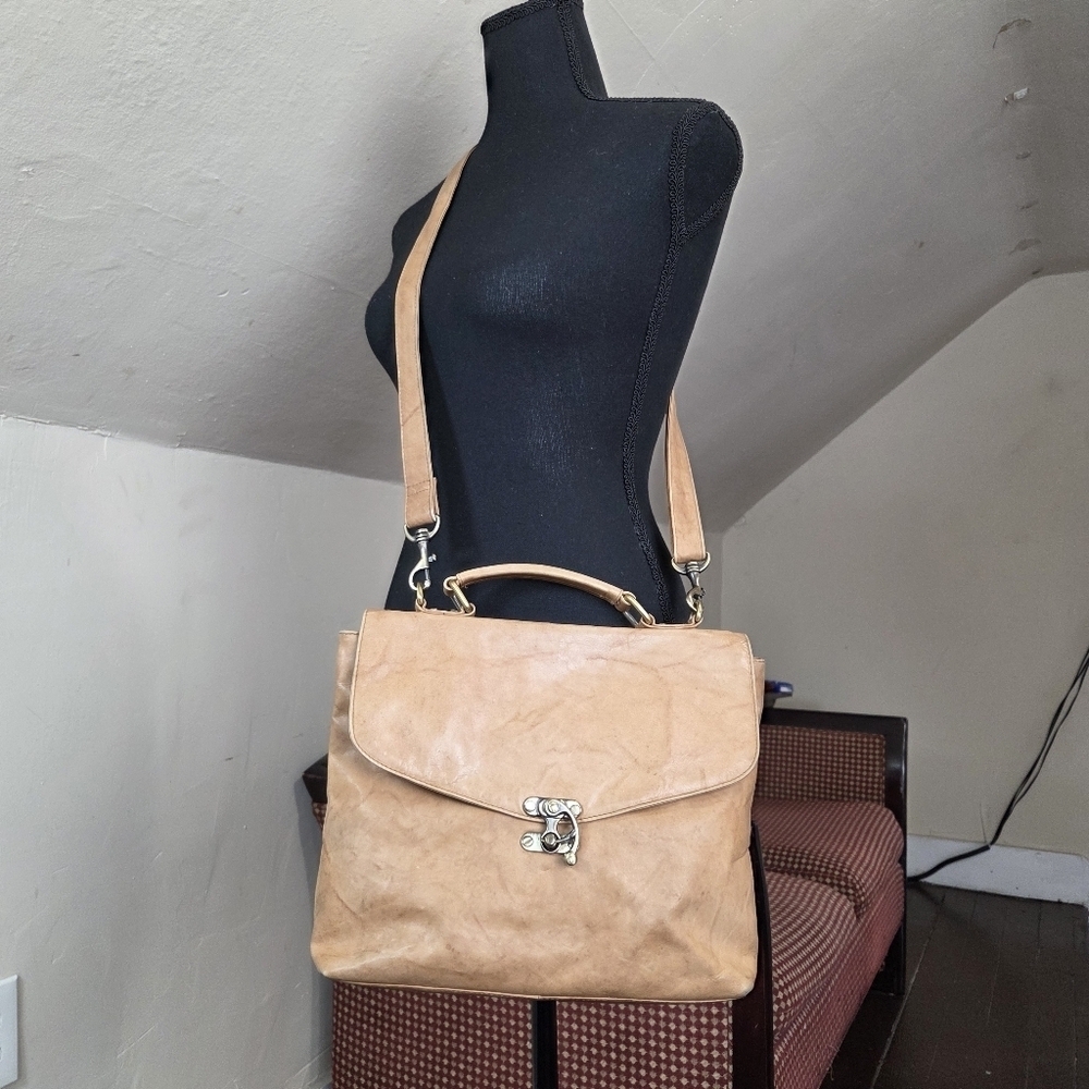 Bolla Genuine Leather Satchel Crossbody Tan Distressed VTG Style‎ Brass Hardware